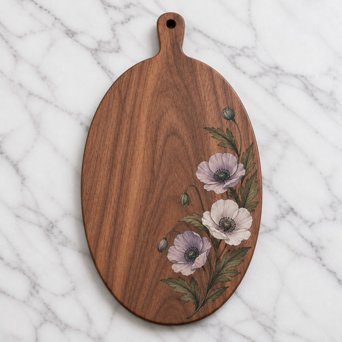 Iris Bloom Oval Handle Wooden Cutting Board