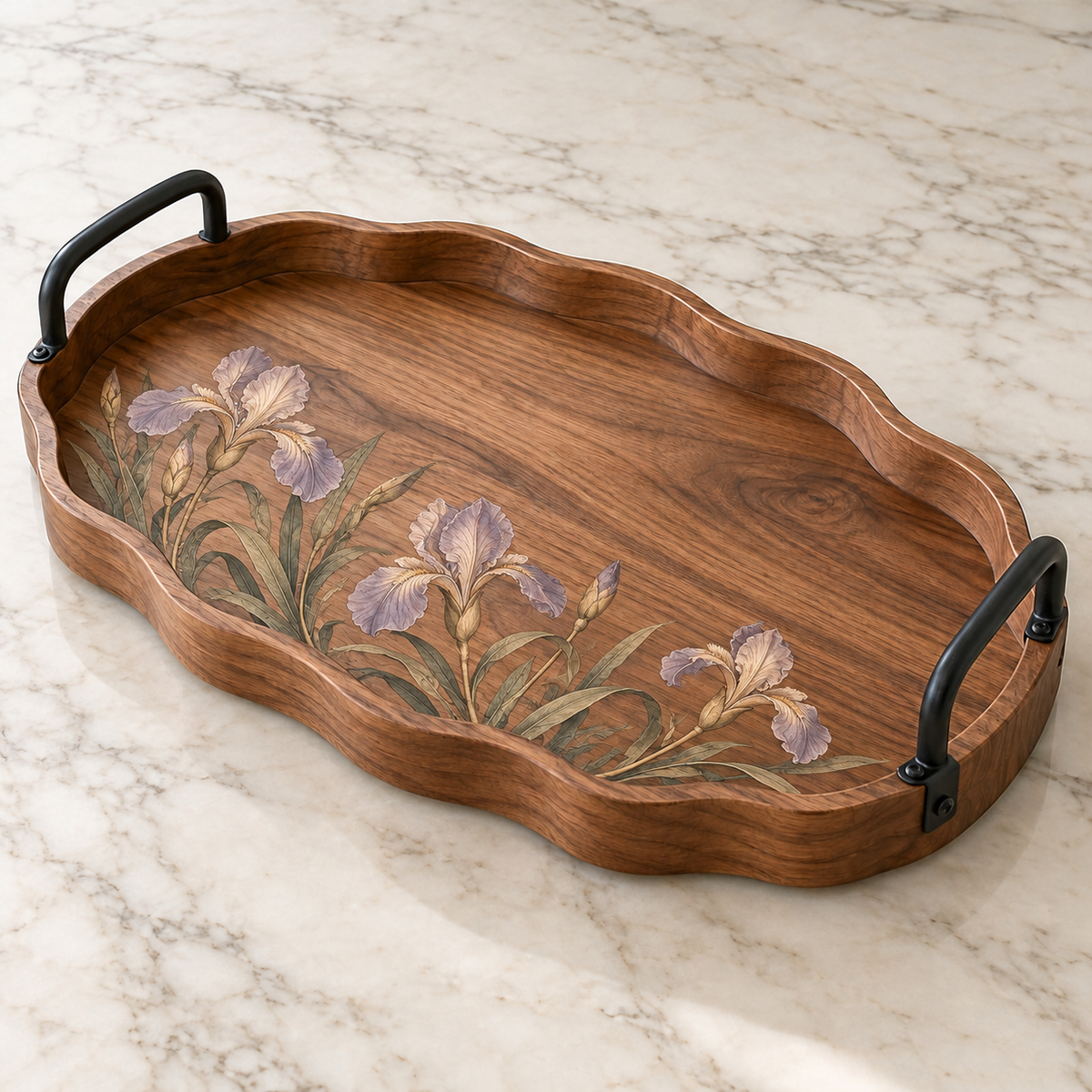 Iris Wave-Edge Double-Handle Wooden Tray