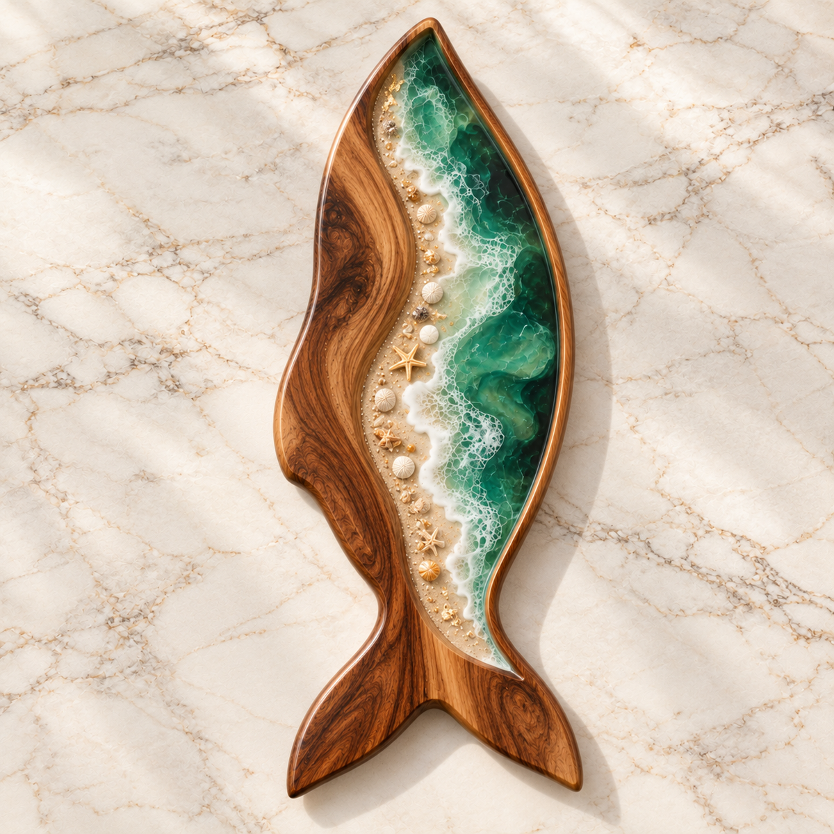 Emerald Wave Fish-Shaped Wooden Serving Tray