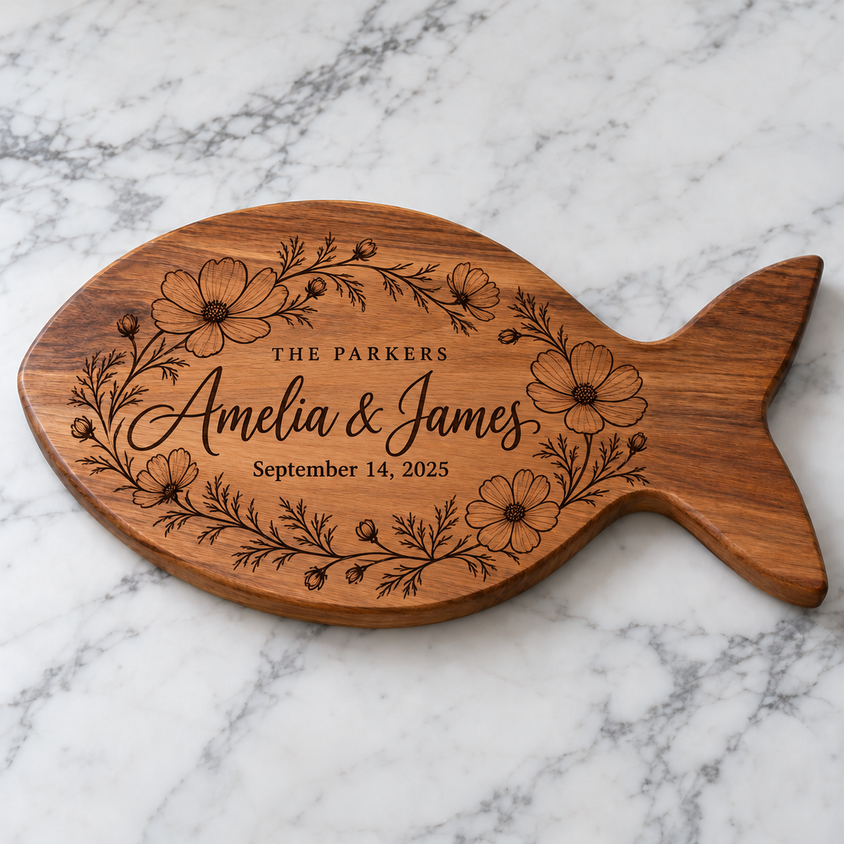 Custom Name Floral Engraved Fish-Shaped Wooden Cutting Board