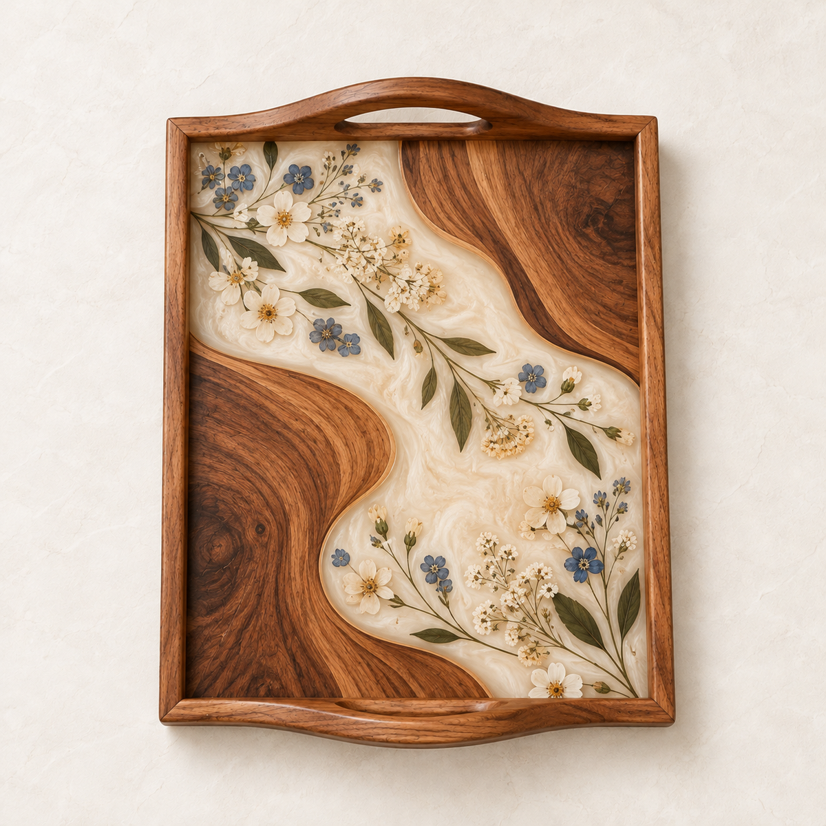 Vintage Floral Swirl Rectangular Wooden Serving Tray with Handle