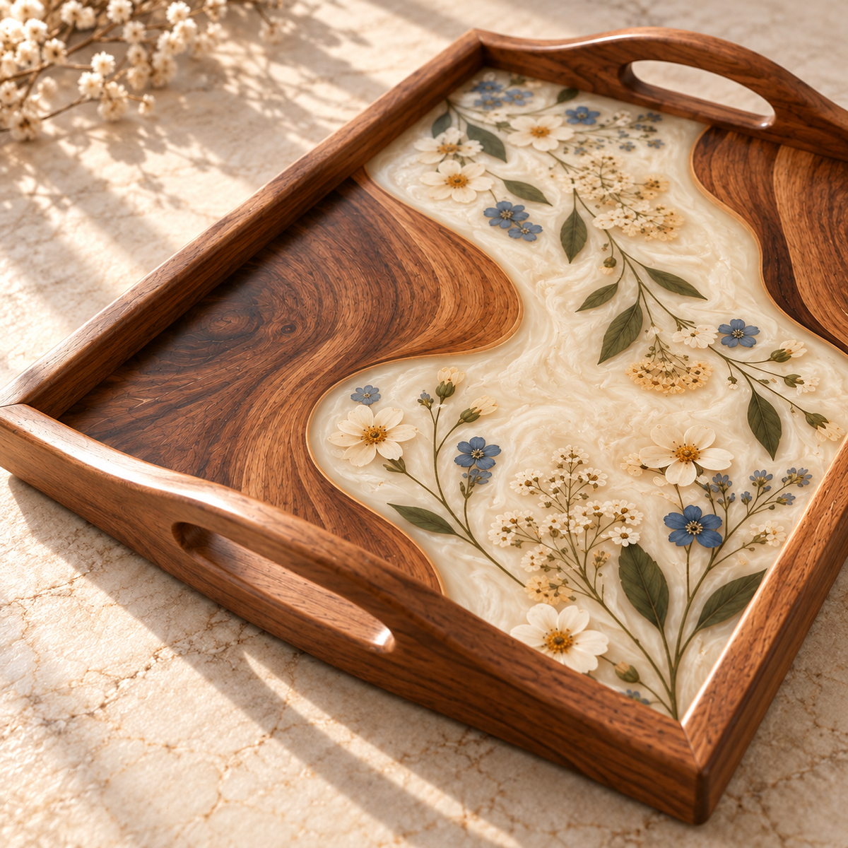 Vintage Floral Swirl Rectangular Wooden Serving Tray with Handle
