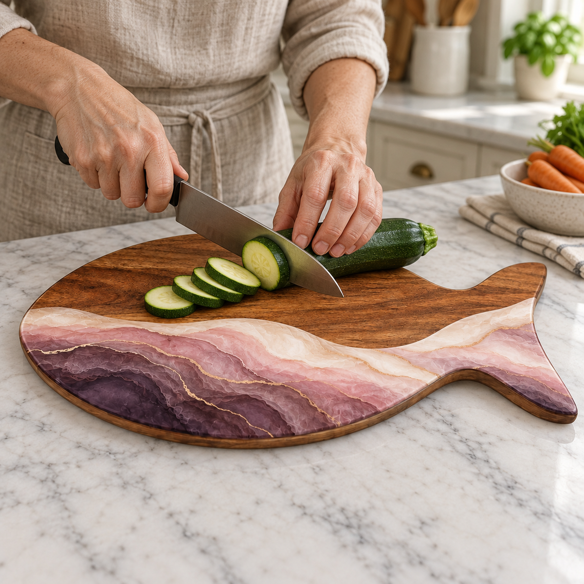 Pink Tide Fish-Shaped Wooden Cutting Board