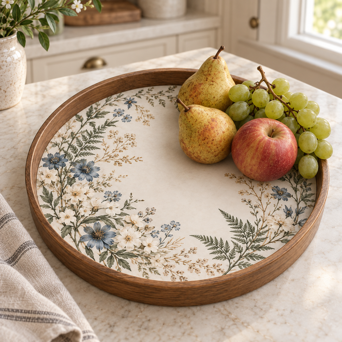 Vintage Blue Botanical Round Wooden Tray