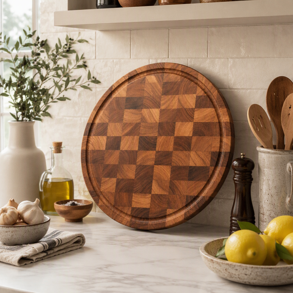Classic Checkerboard Round Wooden Cutting Board