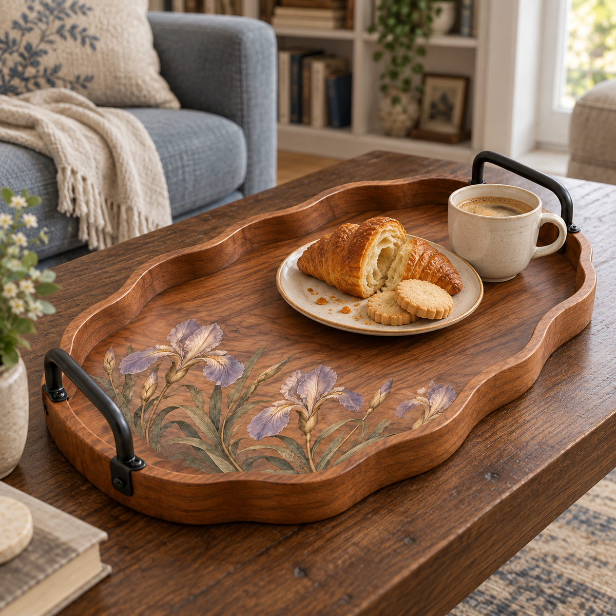 Iris Wave-Edge Double-Handle Wooden Tray