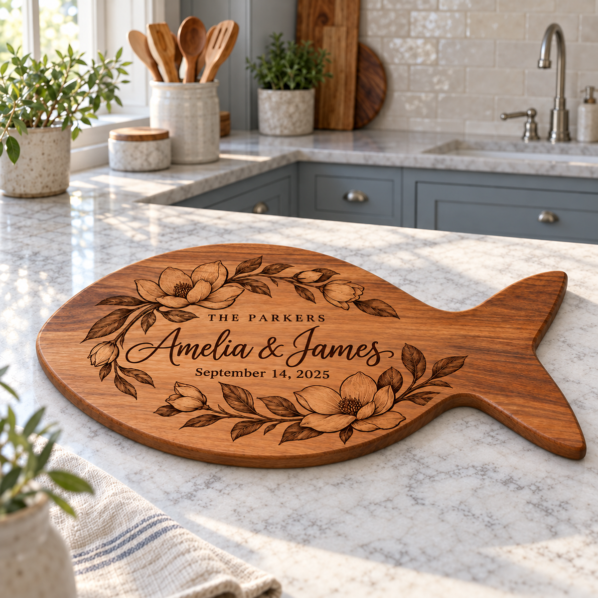 Custom Name Floral Engraved Fish-Shaped Wooden Cutting Board