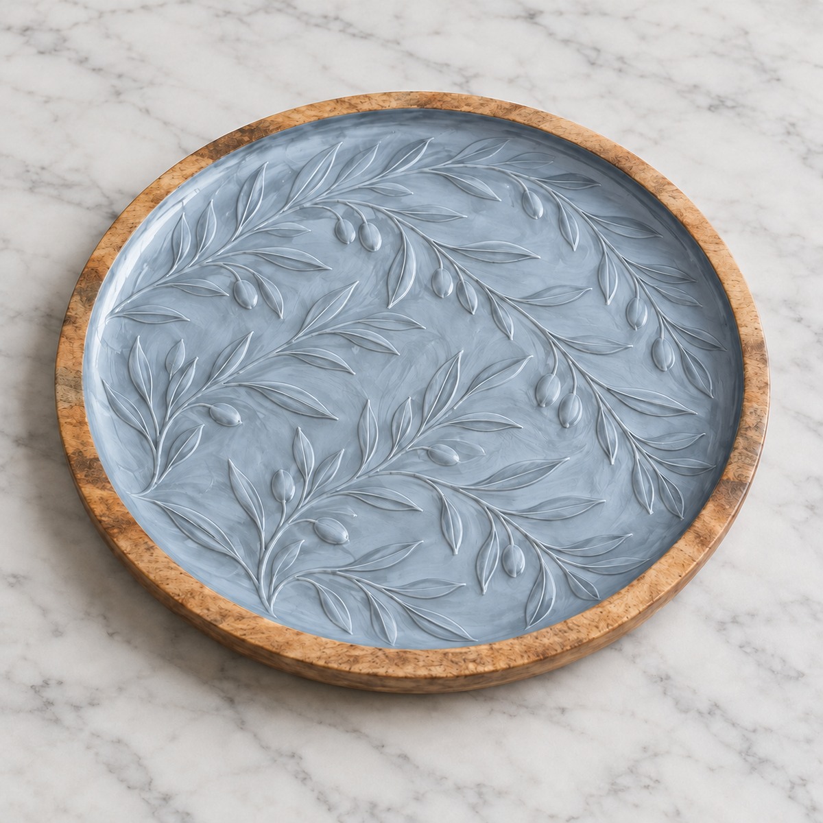 Misty Blue Embossed Leaf Round Wooden Tray