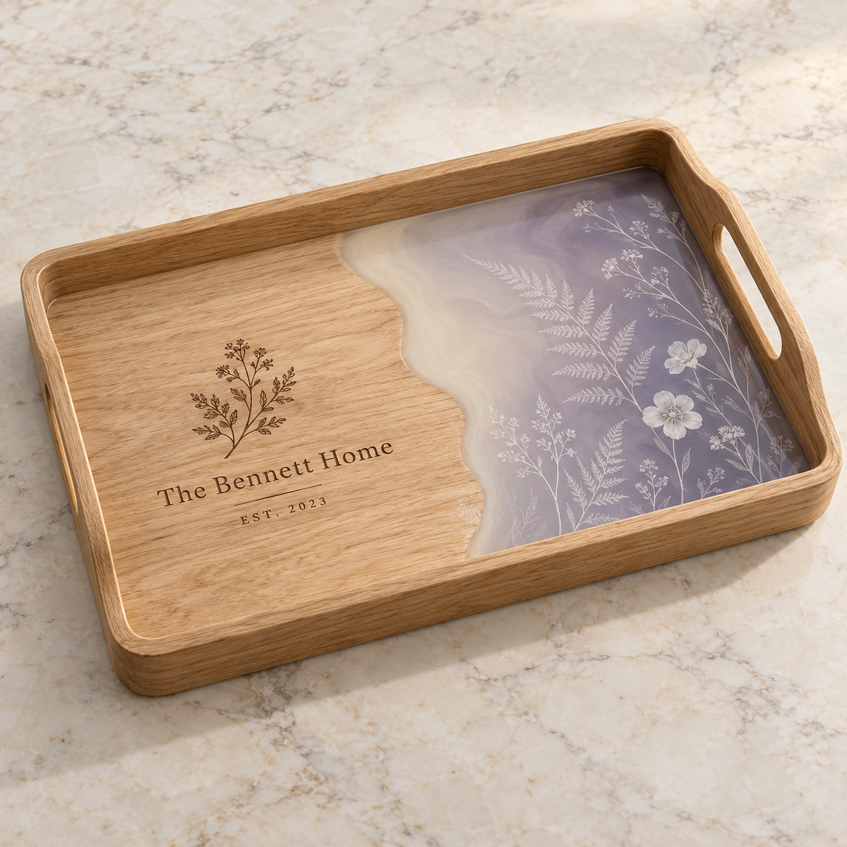 Custom Engraved Ombre Pattern Double-Handle Wooden Tray