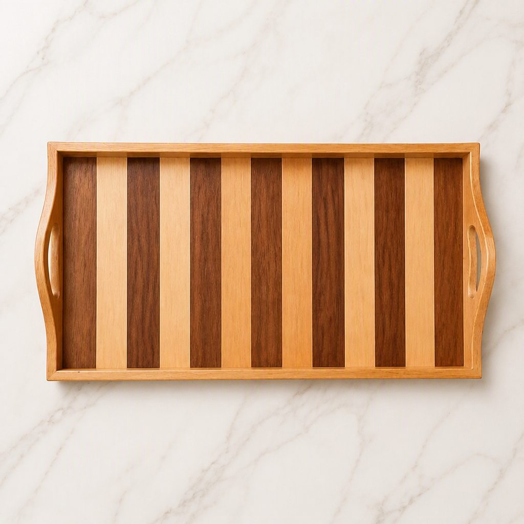 Two-Tone Striped Double-Handle Wooden Serving Tray