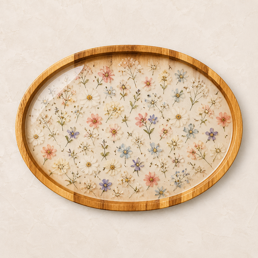 Country Bloom Floral Round Wooden Tray