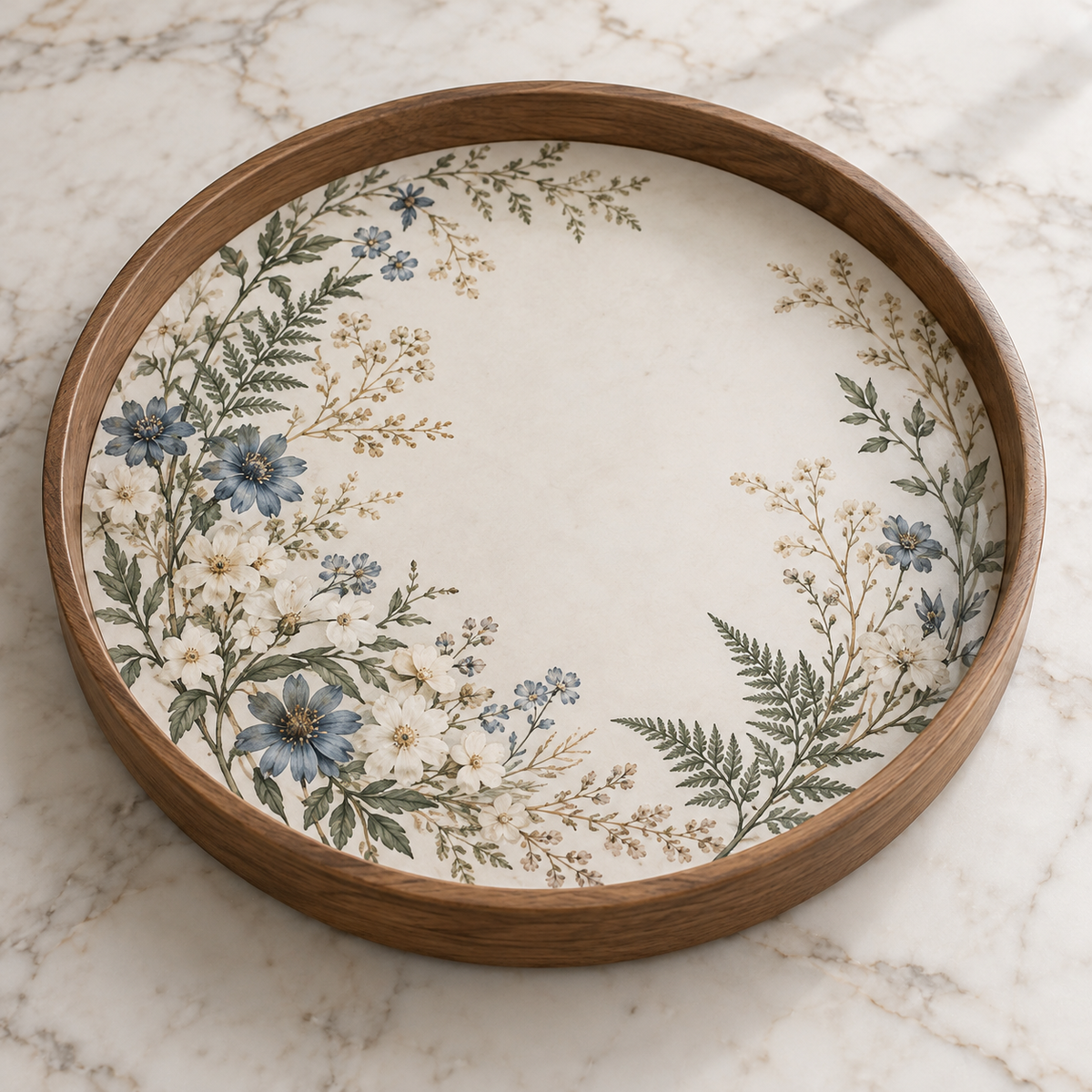 Vintage Blue Botanical Round Wooden Tray