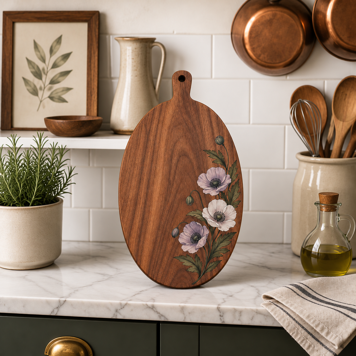 Iris Bloom Oval Handle Wooden Cutting Board