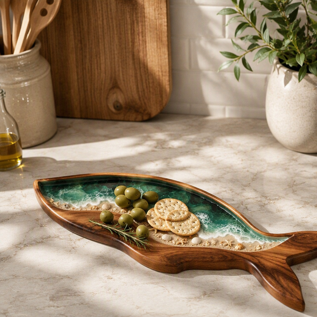 Emerald Wave Fish-Shaped Wooden Serving Tray