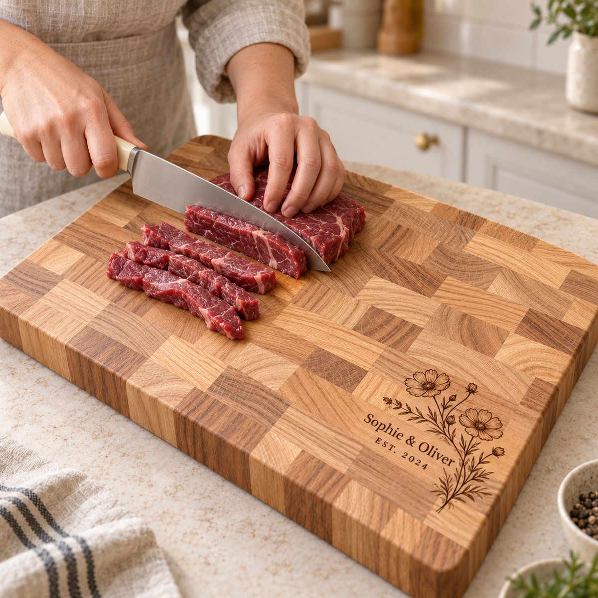 Custom Engraved Checkerboard Inlay Wooden Cutting Board