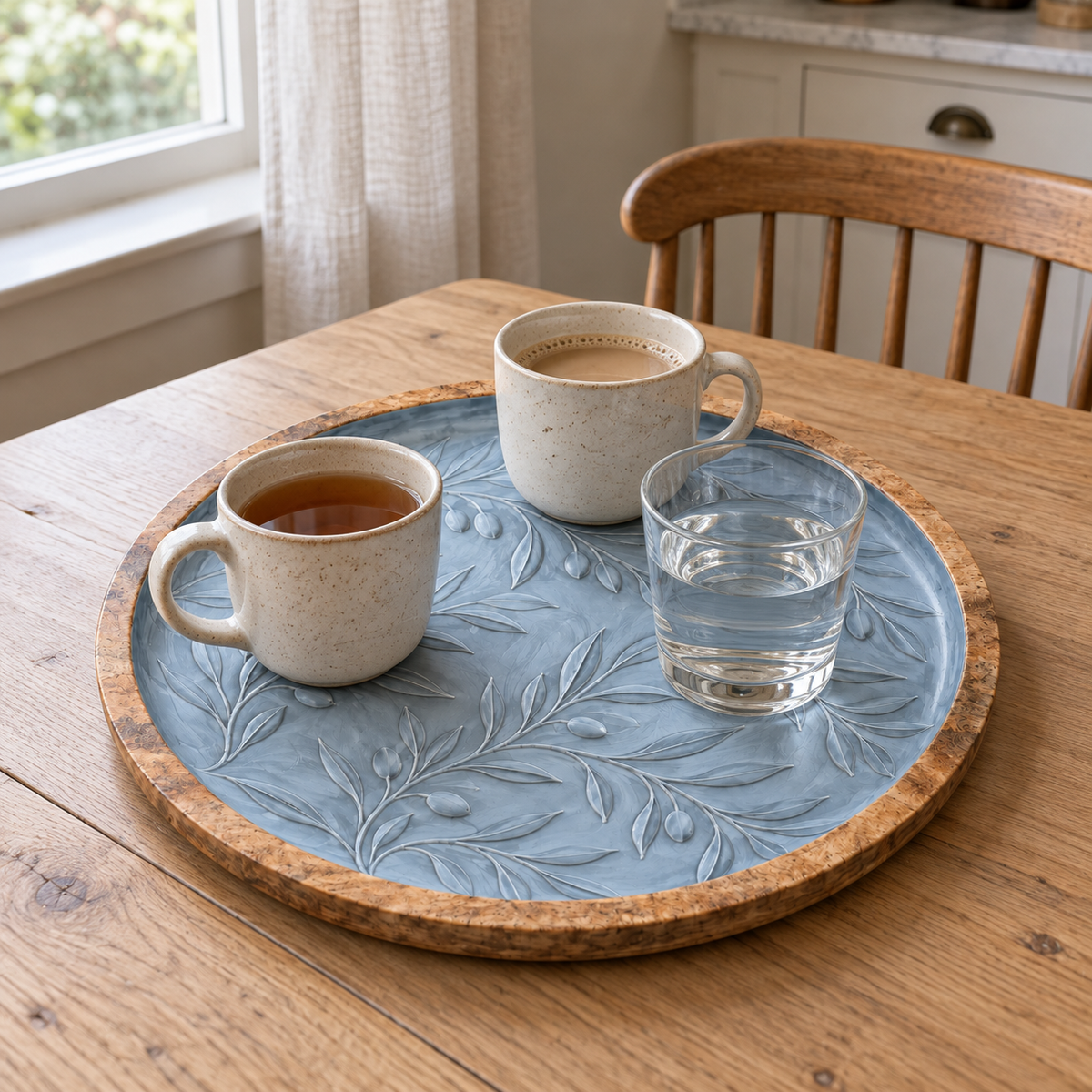 Misty Blue Embossed Leaf Round Wooden Tray