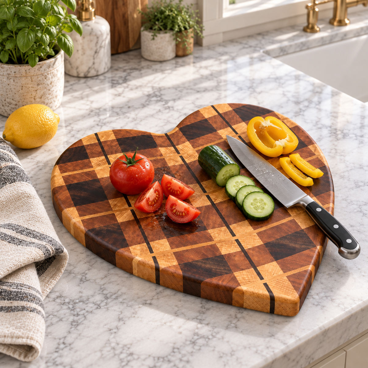 Heart Checkered Inlay Wooden Cutting Board