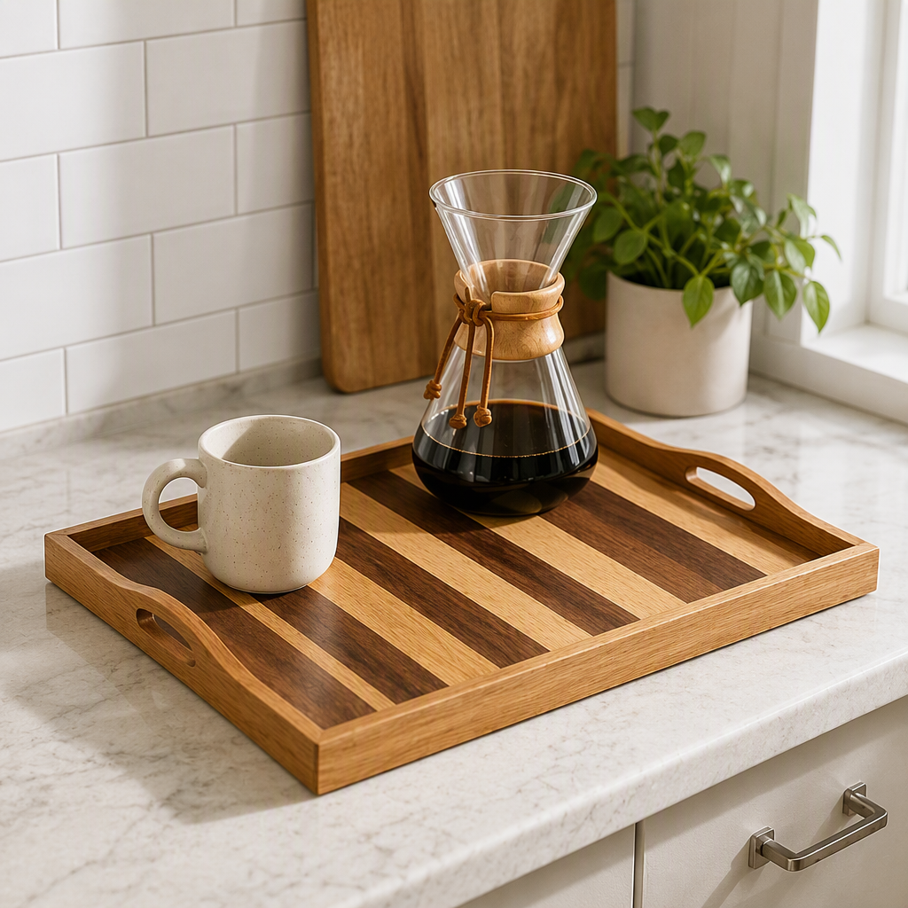 Two-Tone Striped Double-Handle Wooden Serving Tray