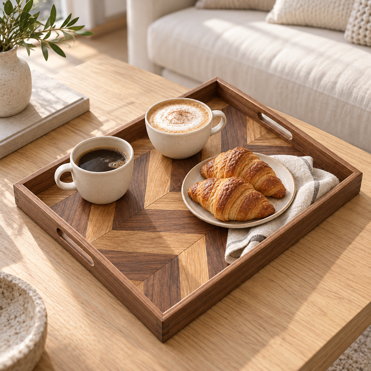 Herringbone Mosaic Rectangular Wooden Serving Tray